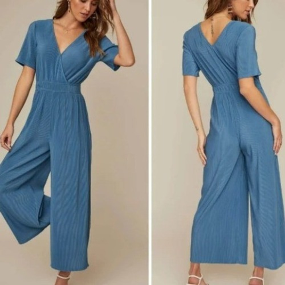ASTR THE LABEL Women's XL Blue Ribbed Wrap Front Wide Leg Short Sleeve Jumpsuit‎